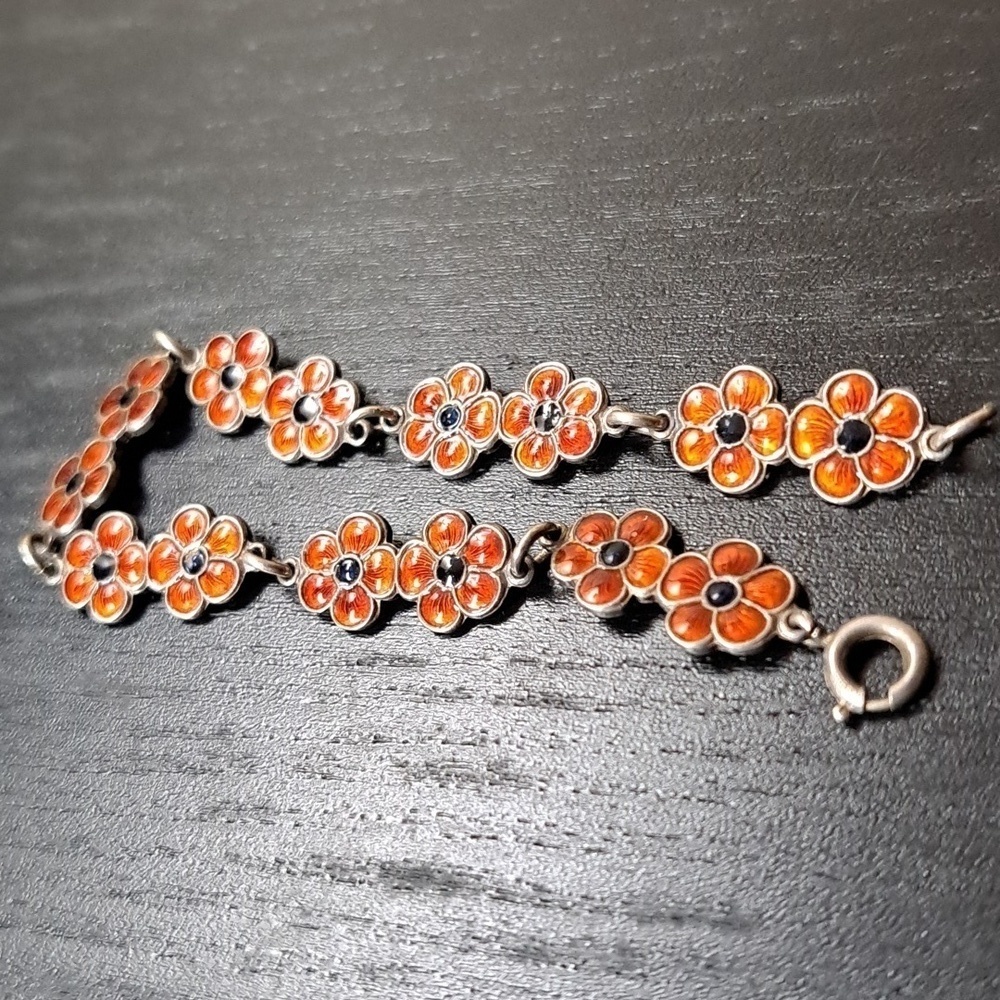Vintage MEKA Sterling Silver and Enamel flower bracelet